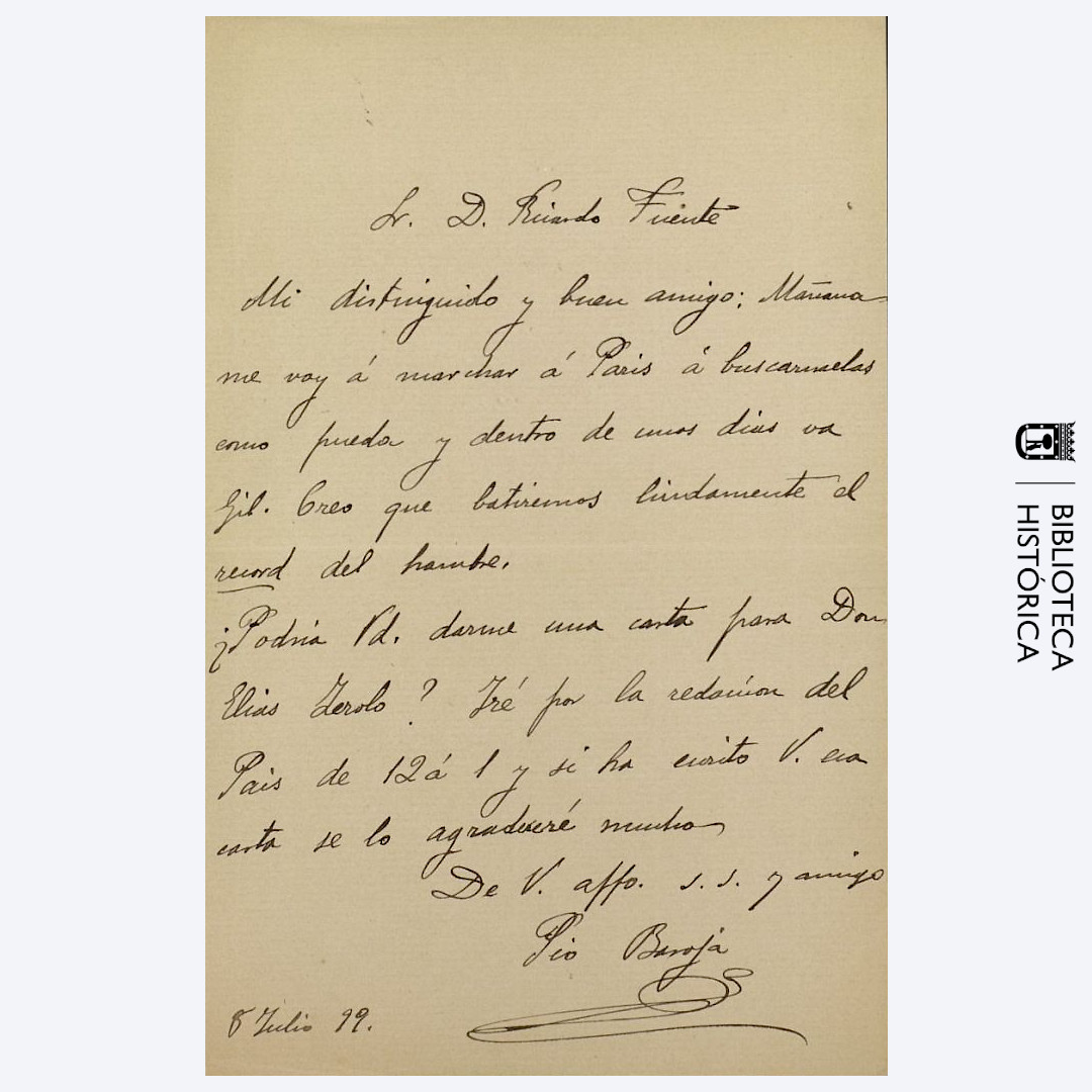Carta de Pío Baroja a Ricardo Fuente, 1899